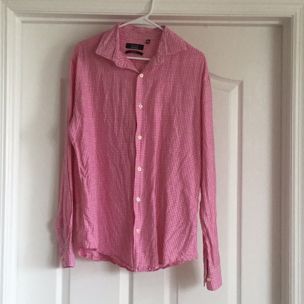Saks Fifth Avenue Black Label Pink Checkered Linen Blend Button Down Shirt Large